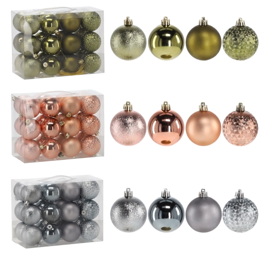 Set of Christmas Baubles 6 cm, 24 pcs – olive, copper and graphite, shatterproof plastic ornaments