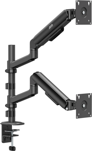 Two independent arms for precise adjustment of each monitor