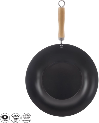 Wok keptuvė 30 cm su medine rankena