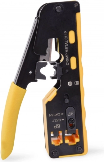 Crimping pliers for pass-through connectors RJ45 Cat. 5e/6, RJ12 and RJ11 with cutting and stripping