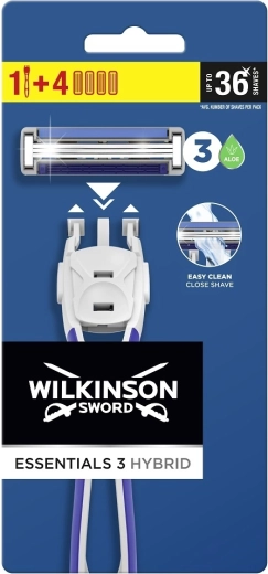 Wilkinson Essential 3 Hybrid vyriškas skutimosi peiliukas su rankenėle ir 4 galvutėmis