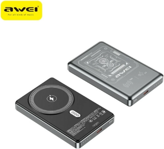 Awei MagSafe belaidė išorinė baterija (powerbank) 10 000 mAh, pilka