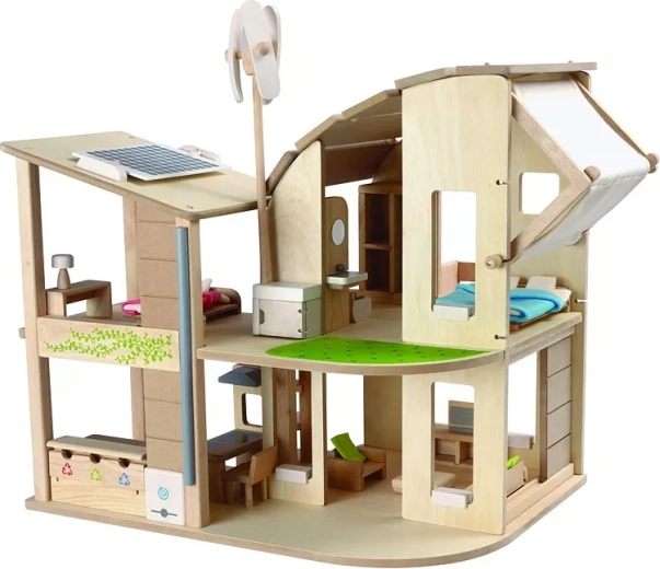 PlanToys ekologiškas lėlių namelis su baldais