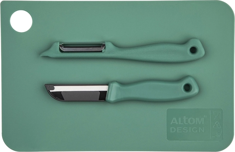 Kitchen cutting board 24 × 16 cm with peeler and 6 cm vegetable knife, sage green