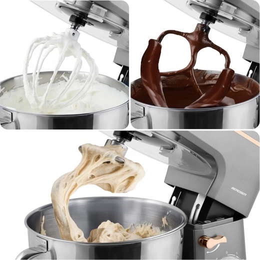 Three attachments for kneading, mixing, and whipping