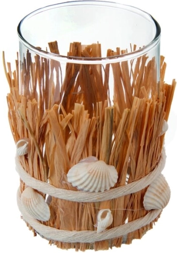 SEA glass candle holder with natural weave, brown