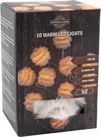 Christmas light chain with 10 LED feathered balls and timer 1.35 m – warm white
