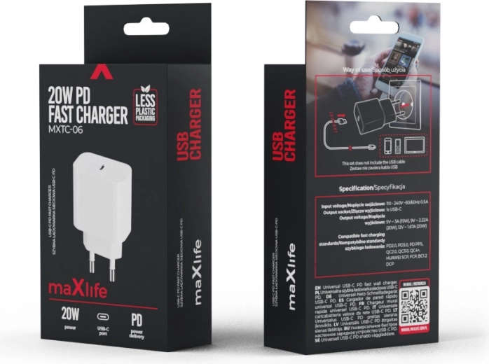 Maxlife 20 W tinklo įkroviklis USB-C su PD ir QC palaikymu, baltas