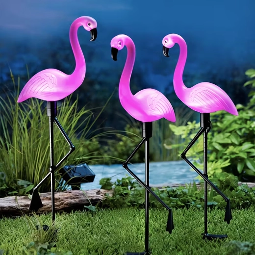 Saulės energija maitinami sodo šviestuvai flamingai, 3 vnt. rinkinys
