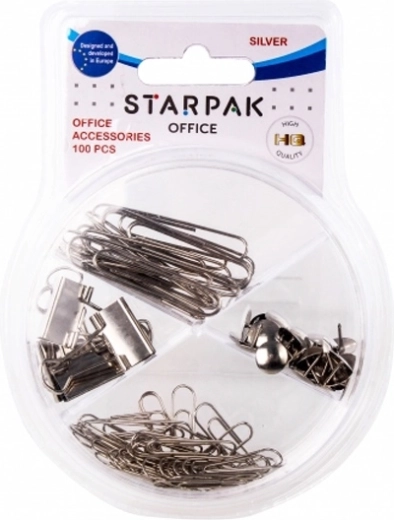 Silver office accessories in a transparent box