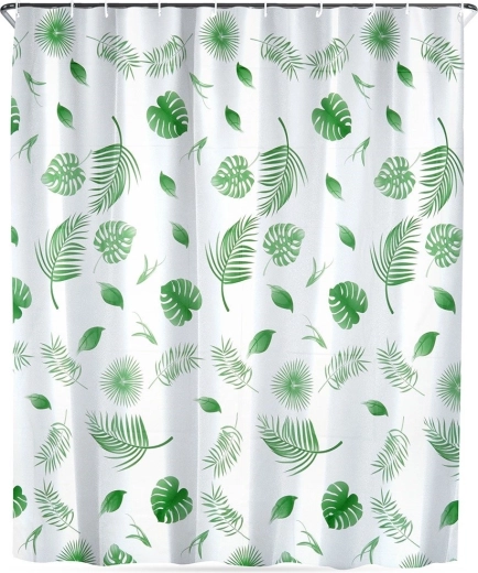 Vandeniui atspari dušo užuolaida su kabliukais 180 × 180 cm, žali lapai