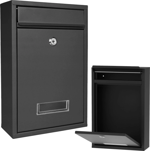 Black mailbox with lock and nameplate window