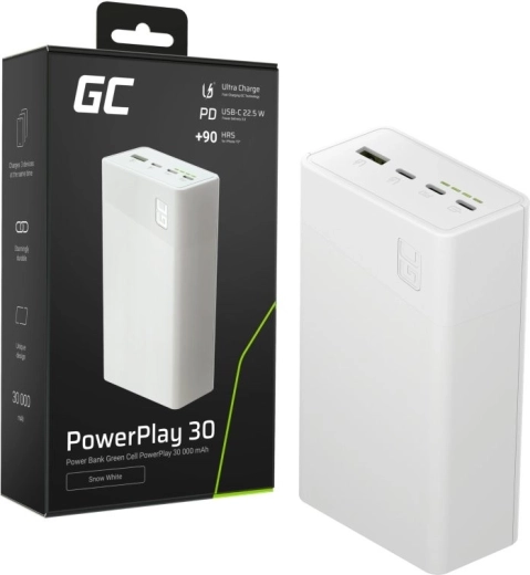 Išorinė baterija 30000 mAh, 22,5 W, 4 prievadai, balta