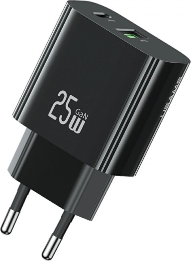 Tinklo įkroviklis 25 W su 1× USB‑C ir 1× USB‑A, greitas įkrovimas, juodas