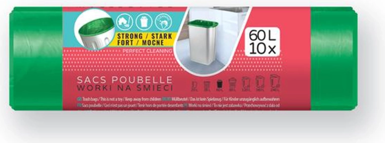 LDPE Trash Bags 60 L, Green, 60 × 80 cm (10 pcs)