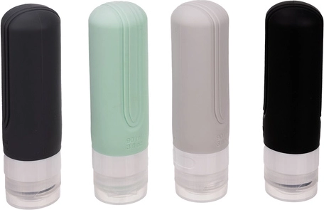 4 silikoniniai buteliukai po 90 ml su „no-drip“ dangteliu