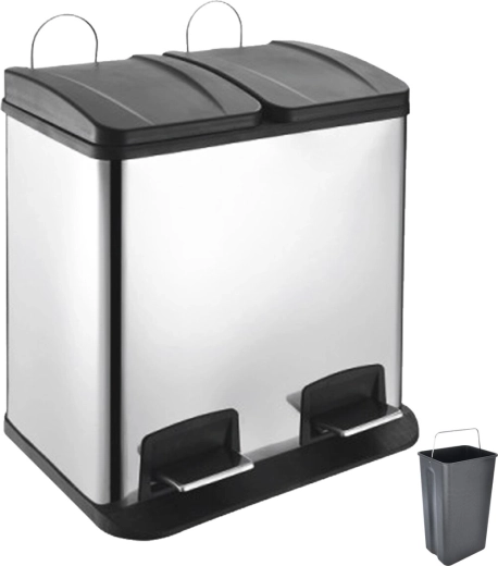 Dviejų skyrių nerūdijančio plieno šiukšlių dėžė Duo su pedalu 2 × 20 l