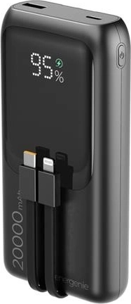 Powerbankas 20 000 mAh su integruotais kabeliais, PD 20 W ir LCD, juodas
