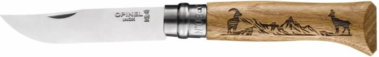 Opinel N°08 Inox Animalia pocket knife 8.5 cm, oak wood, chamois motif