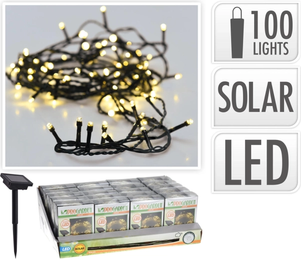 Saulės energija maitinama kalėdinė LED girlianda 2 m, 100 LED, šilta balta, žalias laidas