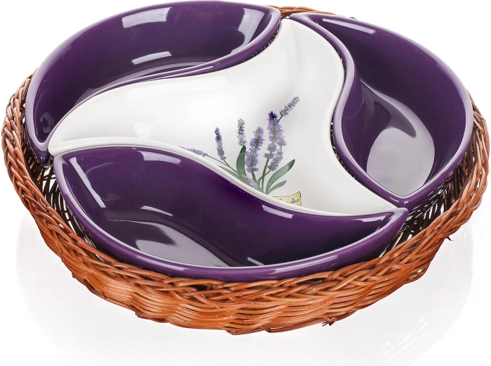 Serviravimo dubenėlių rinkinys LAVENDER pintame krepšelyje, skersmuo 23 cm