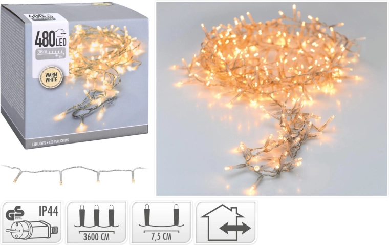 Kalėdinė LED girlianda 36 m, 480 LED, šiltai balta, permatomas laidas, IP44