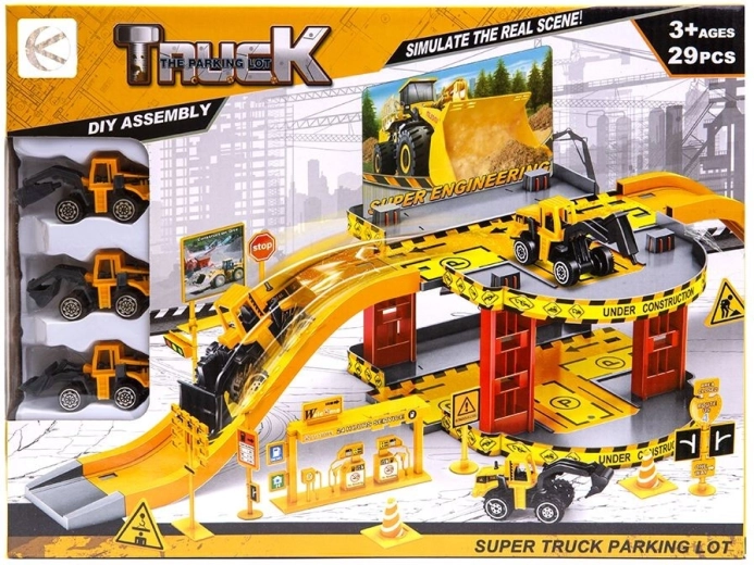 Parking lot for construction vehicles with 3 toy cars