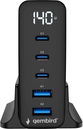 Universal GaN Charger 140 W with LCD, 3× USB-C and 2× USB-A, black
