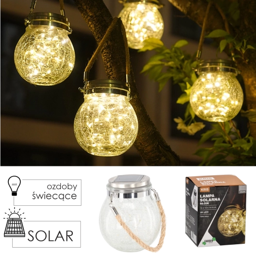 Saulės energija maitinamas pakabinamas žibintas dėžutės formos iš sutrūkinėjusio stiklo 12 × 12 × 14,5 cm, šilta balta