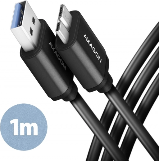 AXAGON Micro-B USB į USB-A 3.2 Gen 1 kabelis, 1 m, 3 A, ALU, PVC, juodas