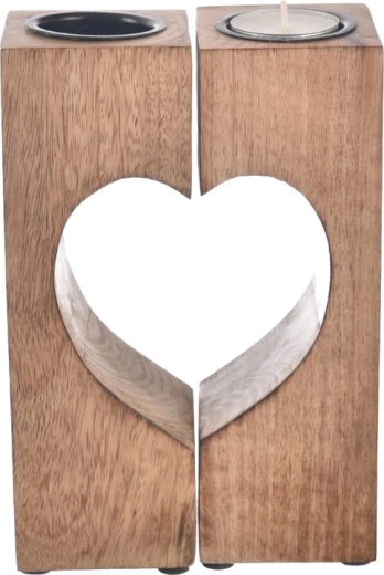 Mango wood and metal candle holder with heart motif