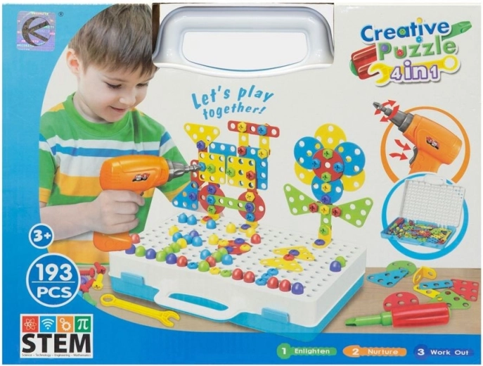 Construction puzzle in a case with tools, 193 pieces