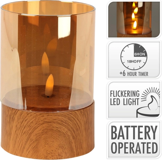 LED žvakė su mirguliuojančios liepsnos efektu ir laikmačiu, medžio imitacija, gintarinis stiklas, 10 × 15 cm