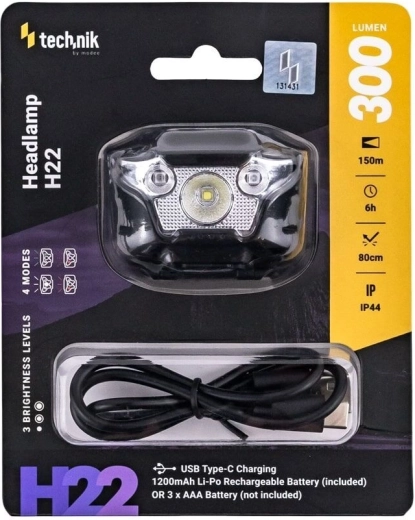Technik H22 Headlamp with USB‑C, white, red and green light (300 lm)