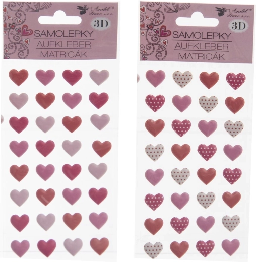 3D širdelių lipdukai – 32 vnt., lapas 10 × 22 cm (2 variantai)