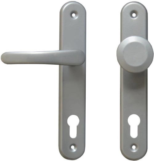 MICHAELA door hardware with lever handle and fixed knob, silver, for 90 mm cylinder