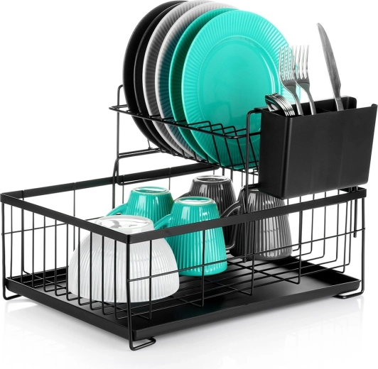 Two-tier metal dish drying rack, black 42 × 28 × 28 cm