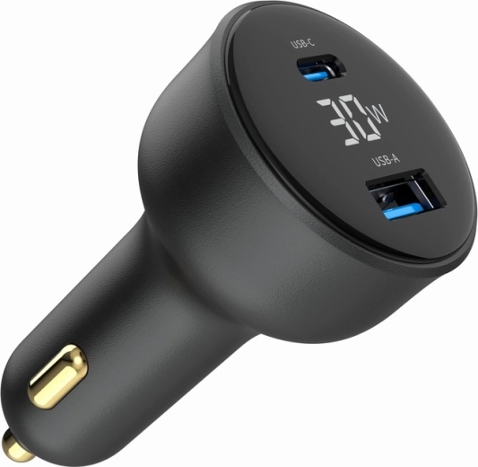 Greitas automobilinis adapteris-įkroviklis 30 W su LCD, USB‑C PD ir 2× USB‑A, juodas