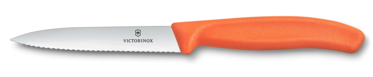 Victorinox vaisių ir daržovių skutimo peilis 10 cm, dantyta, smailus, oranžinis