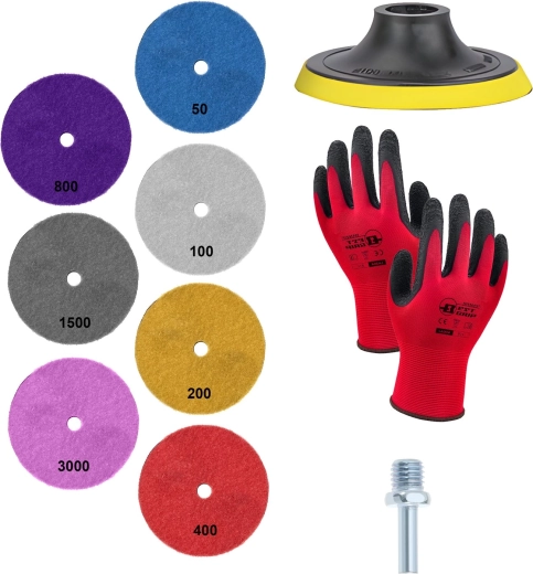 Set of diamond polishing pads with gloves