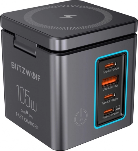 BlitzWolf GaN tinklo įkroviklis 105 W su USB-A, 3× USB-C ir belaidžiu įkrovimu