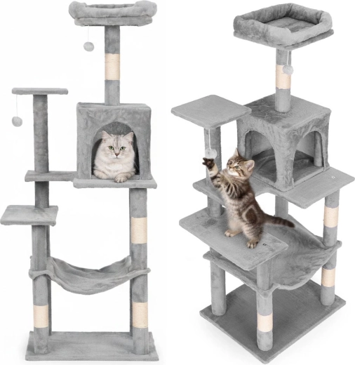 Cat scratching tree 146 cm with house and hammock PETSI, grey