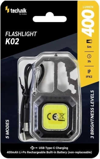 Technik MT-K02 COB LED darbinė šviesa–pakabukas su karabinu ir USB‑C, 400 lm