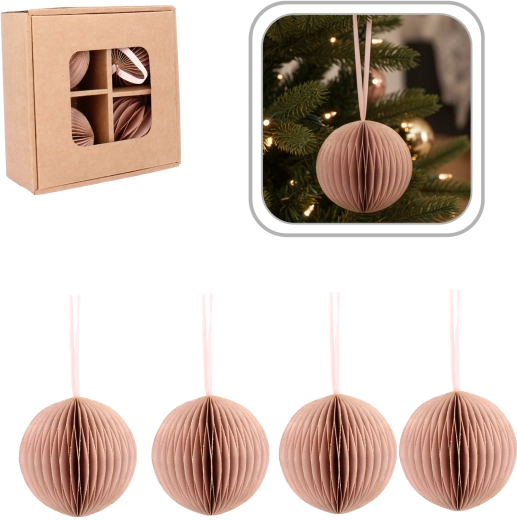 Rožinių popierinių kalėdinių papuošimų rinkinys 7 cm (4 vnt.)