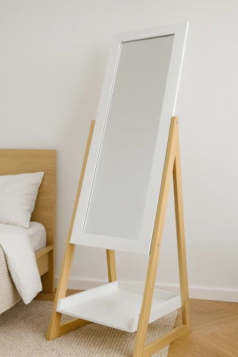 Pastatomas veidrodis su medinėmis kojomis ir lentynėle 40 × 36 × 150 cm