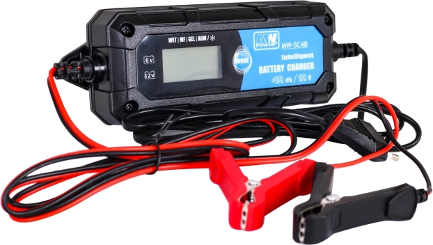 Išmanus automobilinių akumuliatorių įkroviklis su LCD 6V/12V, 1A/4A, skirtas WET, GEL ir AGM
