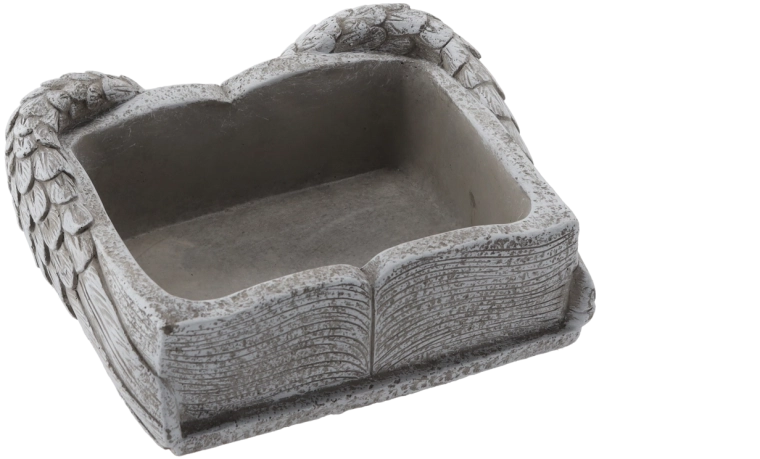 Cement grave flower planter book with wings, gray, 22 × 18 × 9.5 cm