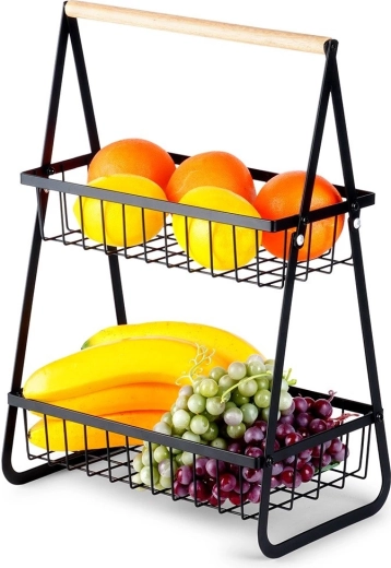Two-tier metal fruit basket, black with wooden handle