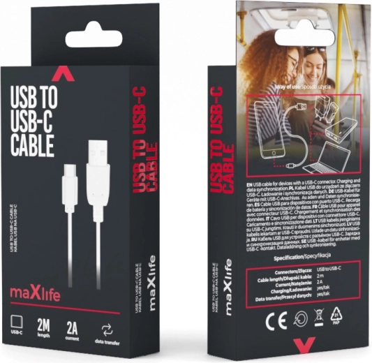 Maxlife USB–USB‑C kabelis 2 m, baltas