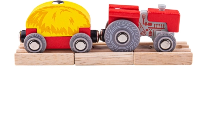 Bigjigs Rail raudonas traktorius su platforminiu vagonėliu